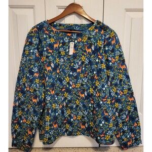 NWT Talbots Quilted Pullover Top Womens XL Woodland Ditsy Fox Deer Mushroom